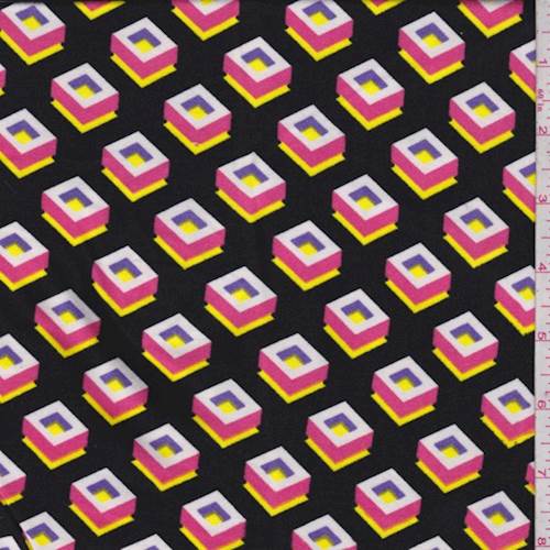 3 YD PC-Black/Hot Pink/Yellow Geo Cube Double Brushed Jersey Knit Fabric