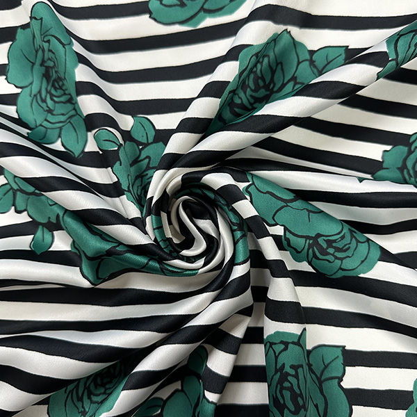 Teal Stripe Floral Print Poly Charmeuse Satin Fabric